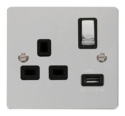 Flat Plate Polished Chrome Ingot 1 USB 1 Gang 13A DP Switched Plug Socket  - Black Trim