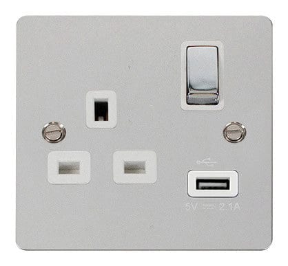 Flat Plate Polished Chrome Ingot 1 USB 1 Gang 13A DP Switched Plug Socket  - White Trim