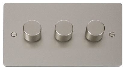 Flat Plate Pearl Nickel - White Inserts Click Define Flat Plate Pearl Nickel 3 Gang 2 Way 400w Dimmer Switch - White