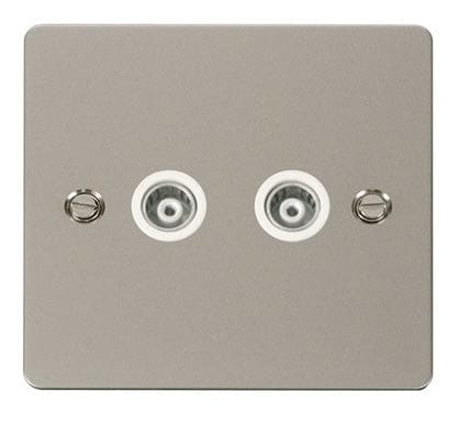 Flat Plate Pearl Nickel 2 Gang Isolated Coaxial Socket  - White Trim
