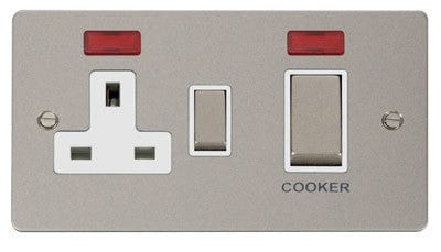 Flat Plate Pearl Nickel Ingot 45A DP Switch + 13A Switched Plug Socket & Neons (2) - White Trim