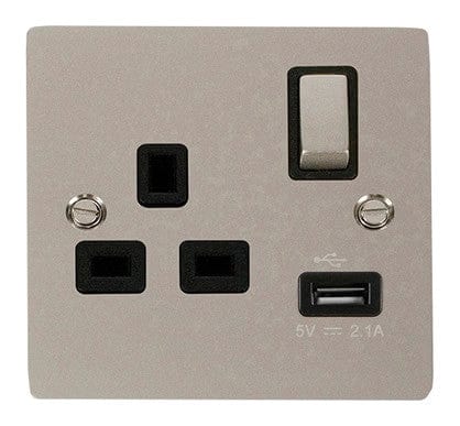 Flat Plate Pearl Nickel Ingot 1 USB 1 Gang 13A DP Switched Plug Socket  - Black Trim