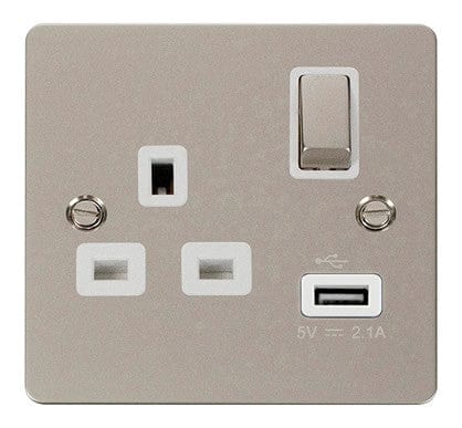 Flat Plate Pearl Nickel Ingot 1 USB 1 Gang 13A DP Switched Plug Socket  - White Trim