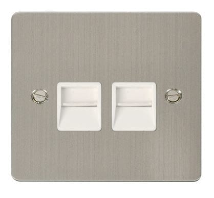 Flat Plate Stainless Steel Twin Telephone Socket Master  - White Trim