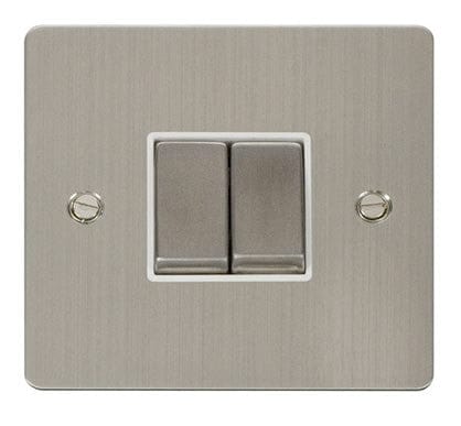 Flat Plate Stainless Steel - White Inserts Click Define Flat Plate Stainless Steel Ingot 10AX 2 Gang 2 Way Switch  - White