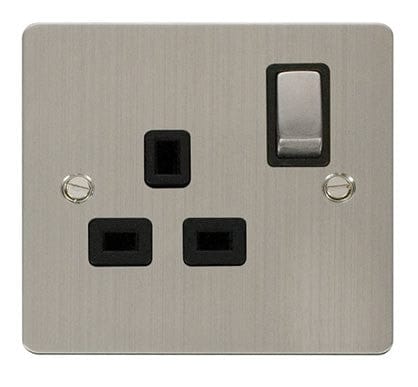 Flat Plate Stainless Steel - Black Inserts Click Define Flat Plate Stainless Steel Ingot 1 Gang 13A DP Switched Socket  - Black