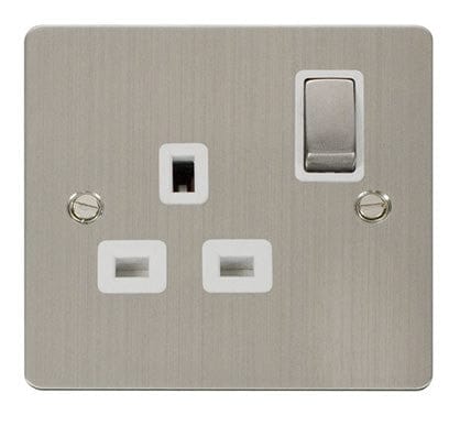 Flat Plate Stainless Steel Ingot 1 Gang 13A DP Switched Plug Socket  - White Trim