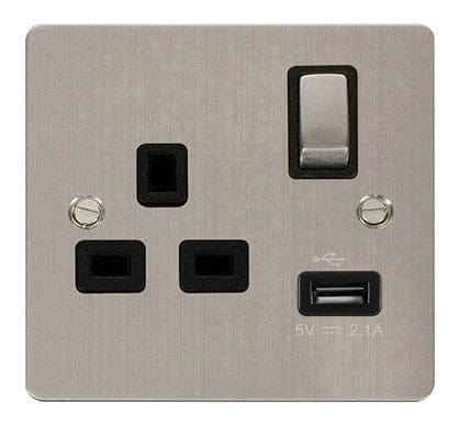 Flat Plate Stainless Steel Ingot 1 USB 1 Gang 13A DP Switched Plug Socket  - Black Trim