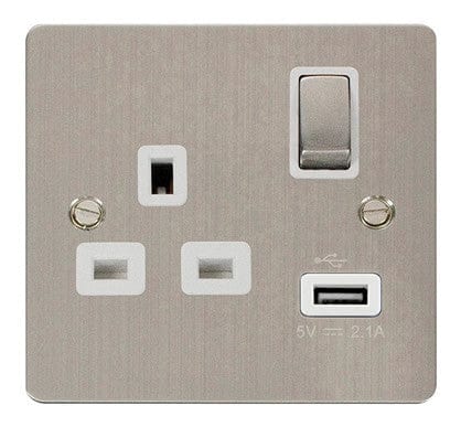 Flat Plate Stainless Steel Ingot 1 USB 1 Gang 13A DP Switched Plug Socket  - White Trim