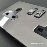 Screwless Polished Chrome - Black Trim - Slim Plate Screwless Polished Chrome 13 Amp 2 Gang Euromod Floor Outlet Socket