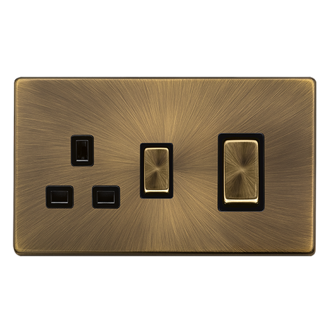 Screwless Plate Antique Brass 50A Ingot Double Pole Switch With 13A Double Pole Switched Plug Socket -  Black Trim