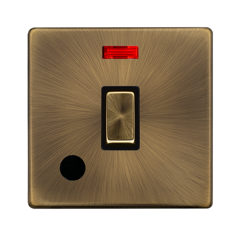 Screwless Plate Antique Brass 20A Ingot Double Pole Switch With Neon + Flex Outlet - Black Trim