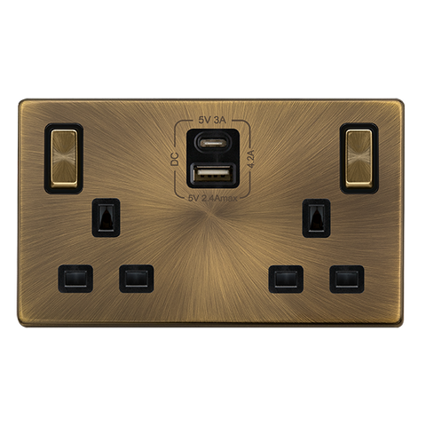 Screwless Plate Antique Brass 13A Ingot 2 Gang Switched Plug Socket With Type A + C Usb - Black Trim