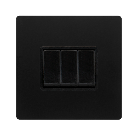 Screwless Plate Matt Black 10A   3 Gang 2 Way Light Switch - Black Trim