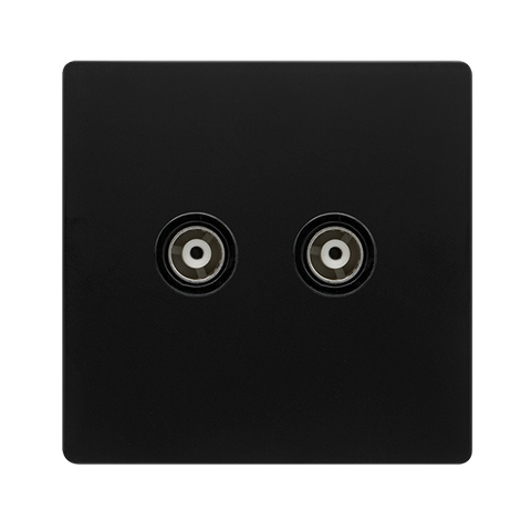 Screwless Plate Matt Black Twin Isolated Coaxial Outlet -  Black Trim