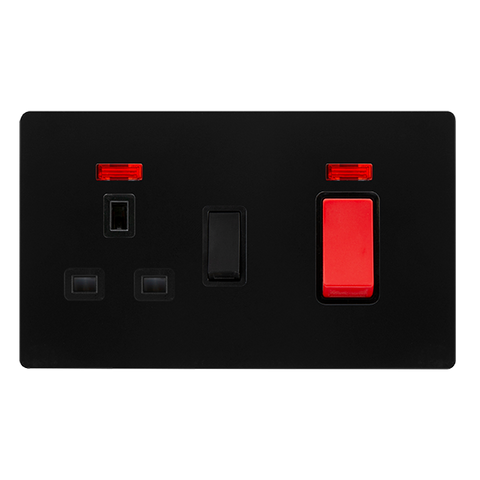 Screwless Plate Matt Black 50A Double Pole Switch With 13A Double Pole Switched Plug Socket + Neon -  Black Trim