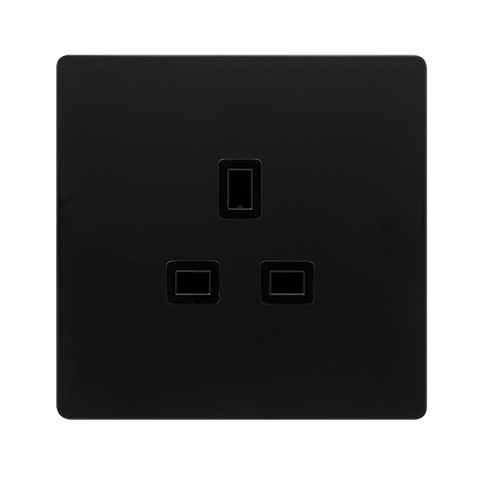 Screwless Plate Matt Black 13A 1 Gang UnSwitched Plug Socket - Black Trim
