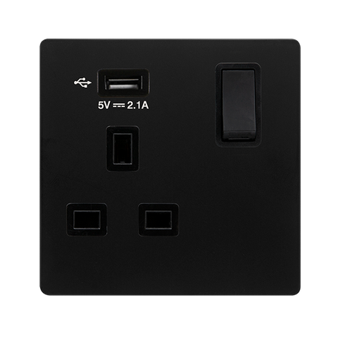 Screwless Plate Matt Black 13A   1 Gang Switched Plug Socket With 2.1A Usb Outlet - Black Trim