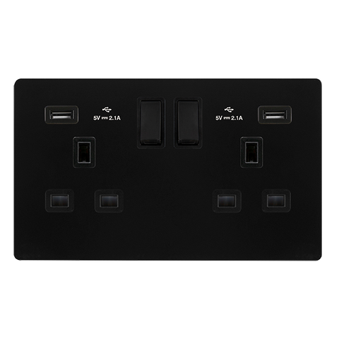 Screwless Plate Matt Black 13A   2 Gang Switched Plug Socket With 2.1A Usb Outlets - Black Trim