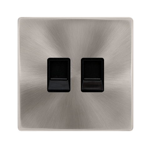 Screwless Plate Brushed Steel Twin Telephone Master Outlet - Black Trim