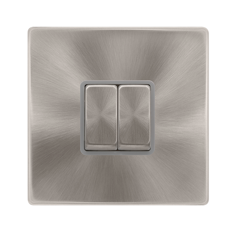 10AX Ingot 2 Gang 2 Way Switch - Brushed Steel Cover Plate - Grey Insert - Screwless
