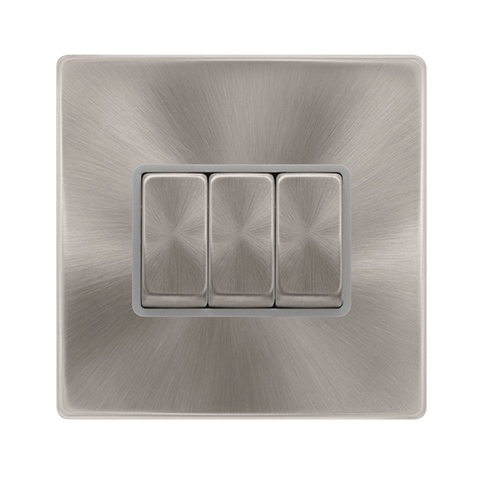 10AX Ingot 3 Gang 2 Way Switch - Brushed Steel Cover Plate - Grey Insert - Screwless