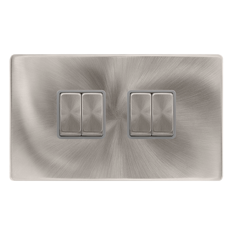 10AX Ingot 4 Gang 2 Way Switch - Brushed Steel Cover Plate - Grey Insert - Screwless
