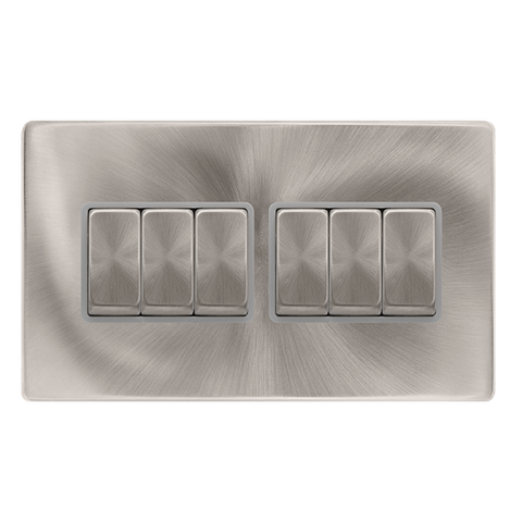 10AX Ingot 6 Gang 2 Way Switch - Brushed Steel Cover Plate - Grey Insert - Screwless