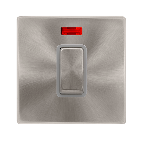 50A Ingot 1 Gang Double Pole Switch With Neon -  Brushed Steel Cover Plate - Grey Insert - Screwless