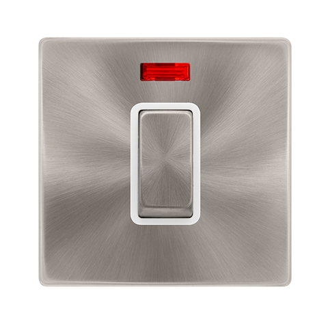 Screwless Plate Brushed Steel 50A Ingot 1 Gang Double Pole Switch With Neon -  White Trim