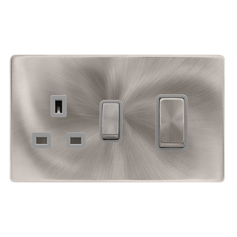 50A Ingot Double Pole Switch With 13A Double Pole Switched Socket -  Brushed Steel Cover Plate - Grey Insert - Screwless