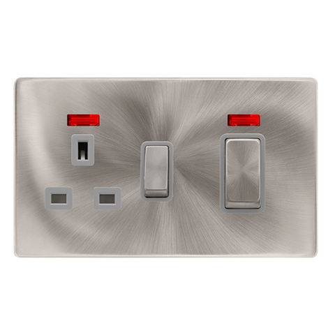 50A Ingot Double Pole Switch With 13A Double Pole Switched Socket + Neon -  Brushed Steel Cover Plate - Grey Insert - Screwless