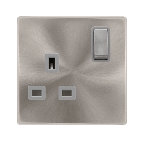 13A Ingot 1 Gang DP Switched Socket - Brushed Steel Cover Plate - Grey Insert - Screwless