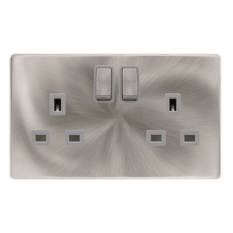 13A Ingot 2 Gang DP Switched Socket - Brushed Steel Cover Plate - Grey Insert - Screwless