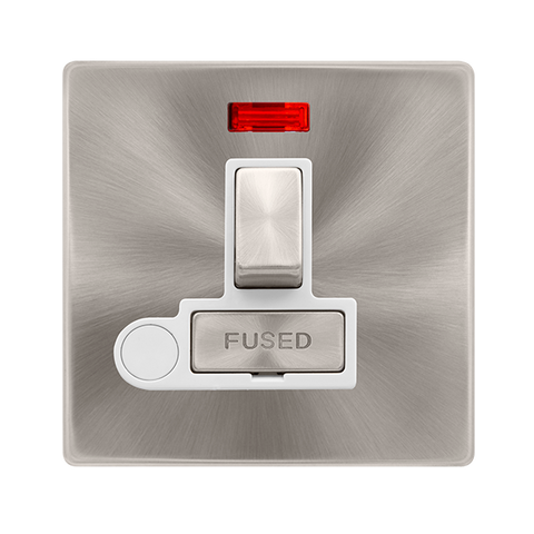 Screwless Plate Brushed Steel 13A Ingot Switched Fused Connection Unit With Neon + Optional Flex Outlet - White Trim