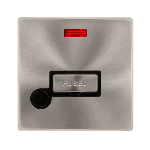Screwless Plate Brushed Steel 13A Ingot Fused Connection Unit With Neon + Optional Flex Outlet - Black Trim