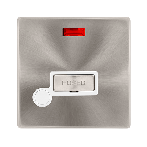 Screwless Plate Brushed Steel 13A Ingot Fused Connection Unit With Neon + Optional Flex Outlet - White Trim