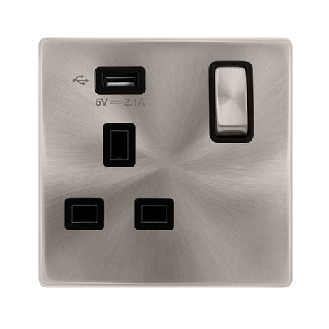 Screwless Plate Brushed Steel 13A Ingot 1 Gang Switched Plug Socket With 2.1A Usb Outlet - Black Trim