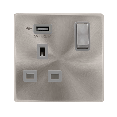 13A Ingot 1 Gang Switched Socket With 2.1A Usb Outlet - Brushed Steel Cover Plate - Grey Insert - Screwless