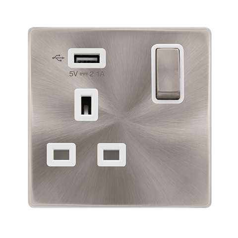 Screwless Plate Brushed Steel 13A Ingot 1 Gang Switched Plug Socket With 2.1A Usb Outlet - White Trim