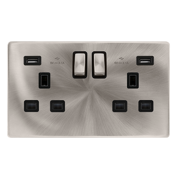 Screwless Plate Brushed Steel 13A Ingot 2 Gang Switched Plug Socket Wi ...