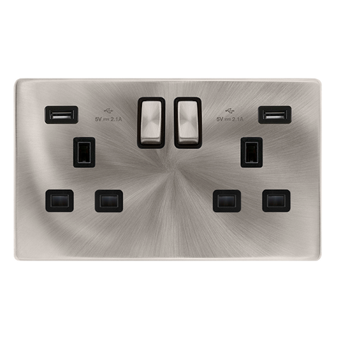 Screwless Plate Brushed Steel 13A Ingot 2 Gang Switched Plug Socket With 2.1A Usb Outlets - Black Trim