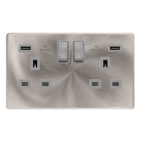 13A Ingot 2 Gang Switched Socket With 2.1A Usb Outlets - Brushed Steel Cover Plate - Grey Insert - Screwless