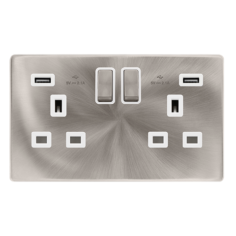 Screwless Plate Brushed Steel 13A Ingot 2 Gang Switched Plug Socket With 2.1A Usb Outlets - White Trim