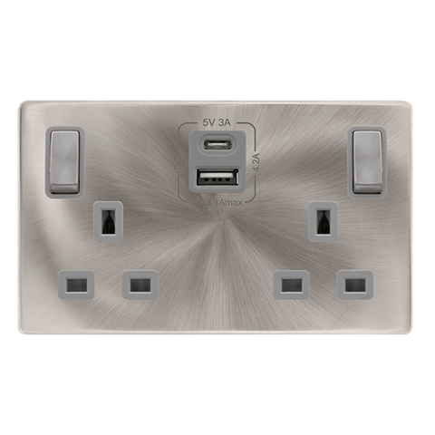 13A Ingot 2 Gang Switched Safety Shutter Socket With Type A + C Usb - Brushed Steel Cover Plate - Grey Insert - Screwless