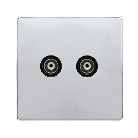 Screwless Plate Polished Chrome Twin Isolated Coaxial Outlet - Black Trim