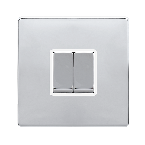 Screwless Plate Polished Chrome 10A Ingot 2 Gang 2 Way Light Switch - White Trim