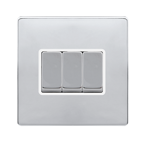 Screwless Plate Polished Chrome 10A Ingot 3 Gang 2 Way Light Switch - White Trim