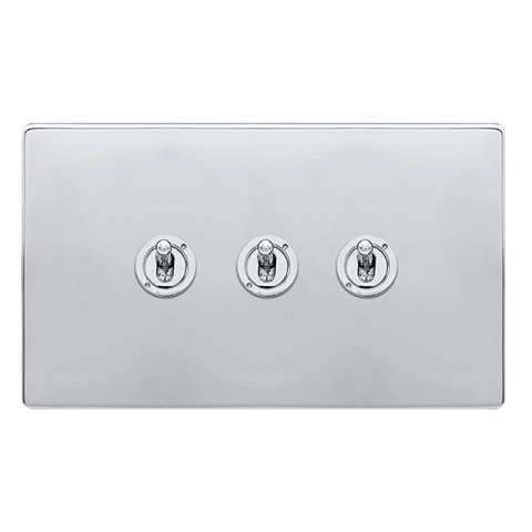 Screwless Plate Polished Chrome 10A 3 Gang 2 Way Toggle Light Switch