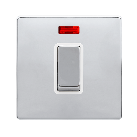 Screwless Plate Polished Chrome 50A Ingot 1 Gang Double Pole Switch With Neon -  White Trim
